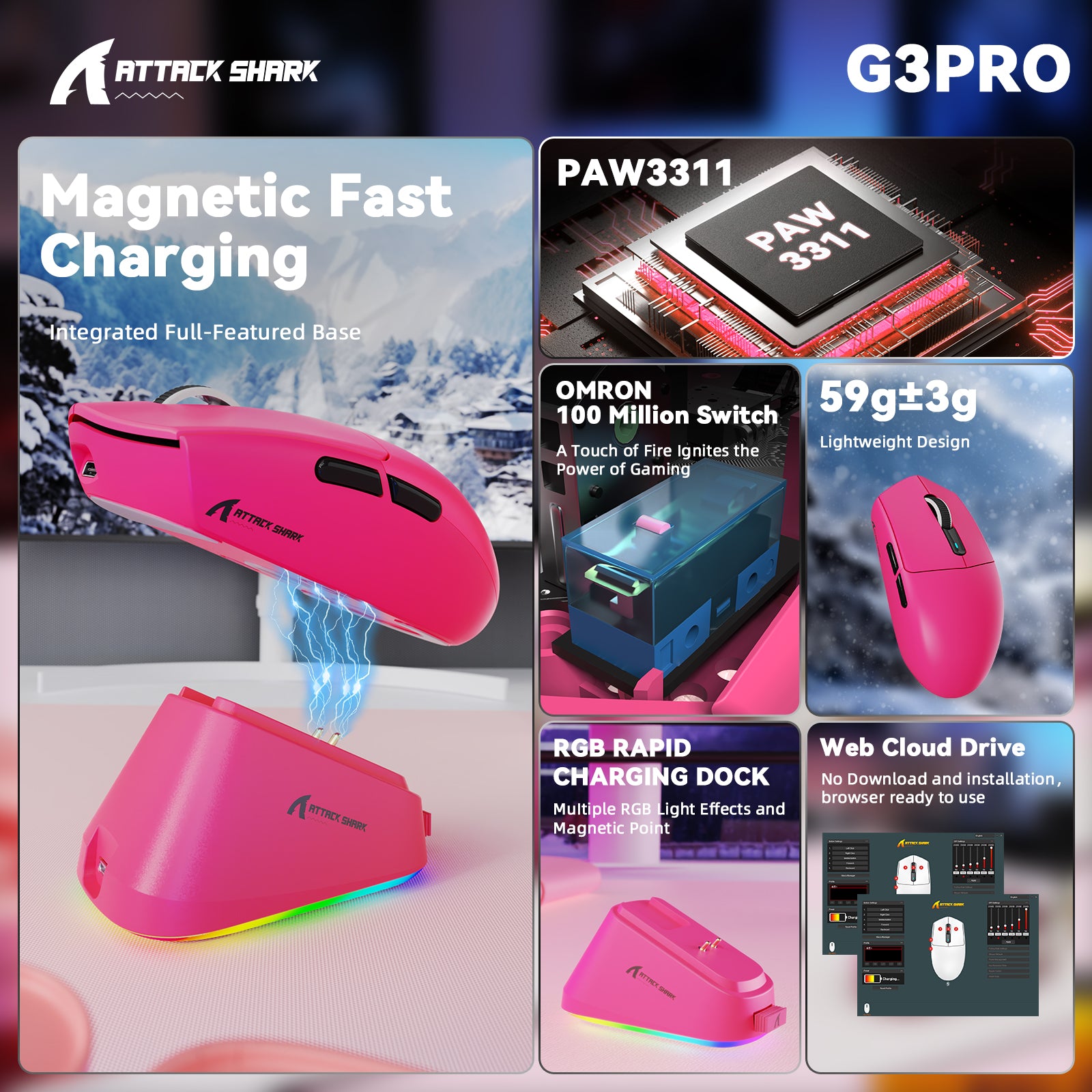 ATTACK SHARK G3PRO Kabellose Tri-Mode-Gaming-Maus mit Ladestation, 25.000 DPI, ultraleicht
