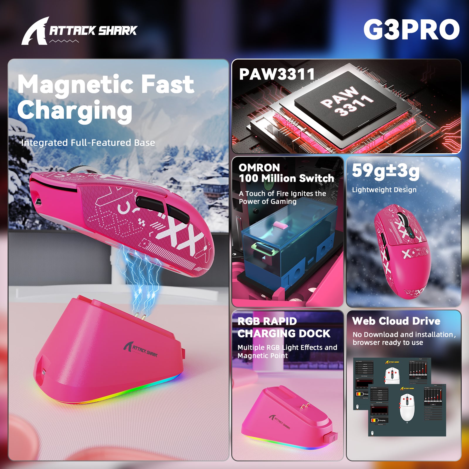 ATTACK SHARK G3PRO Kabellose Tri-Mode-Gaming-Maus mit Ladestation, 25.000 DPI, ultraleicht