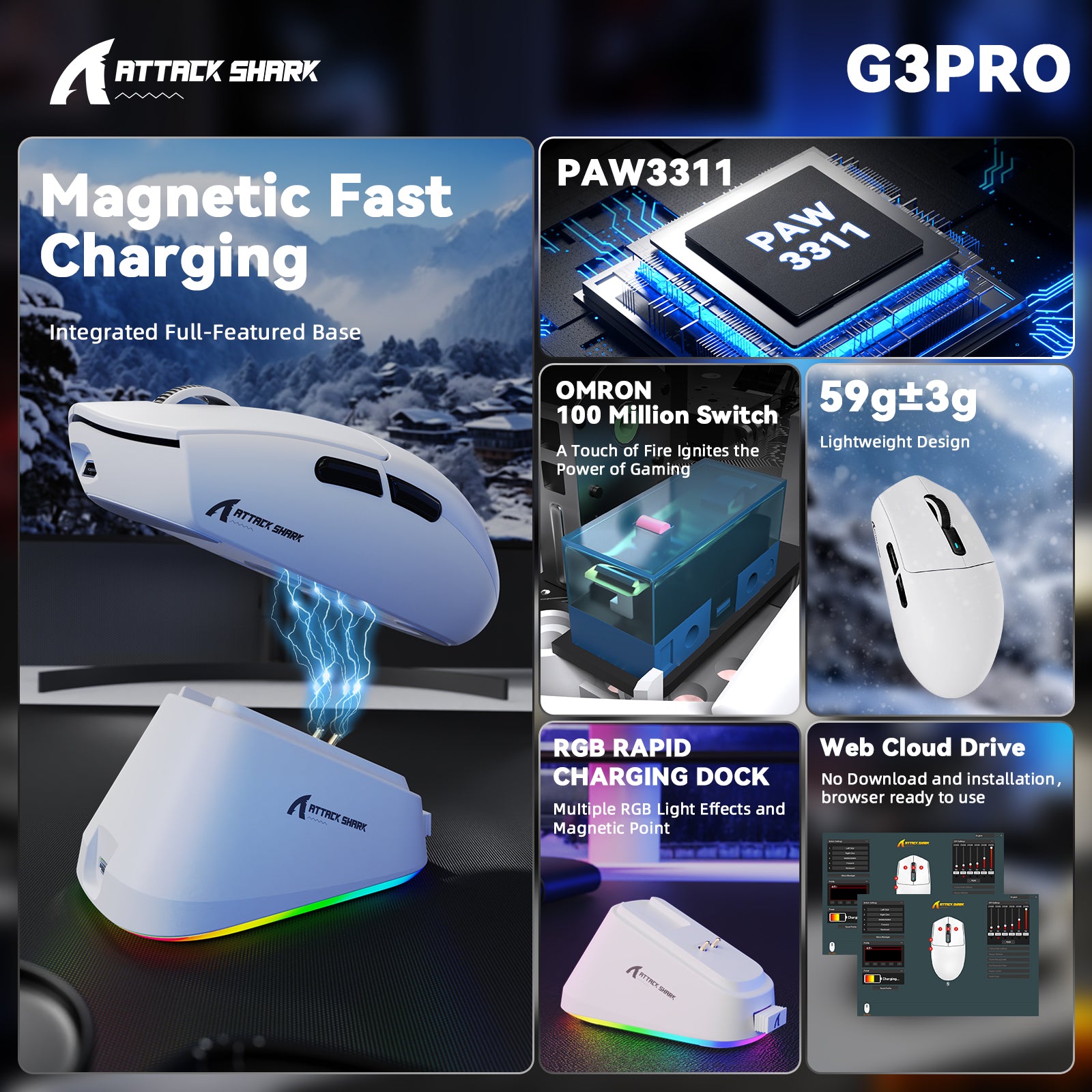 ATTACK SHARK G3PRO Kabellose Tri-Mode-Gaming-Maus mit Ladestation, 25.000 DPI, ultraleicht
