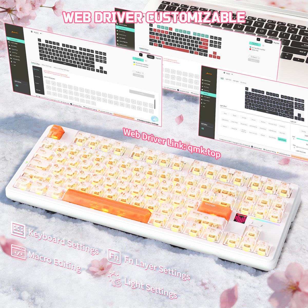 White ATTACK SHARK X87 ULTRA mechanical keyboard with orange keycaps, RGB lighting, and web driver customization