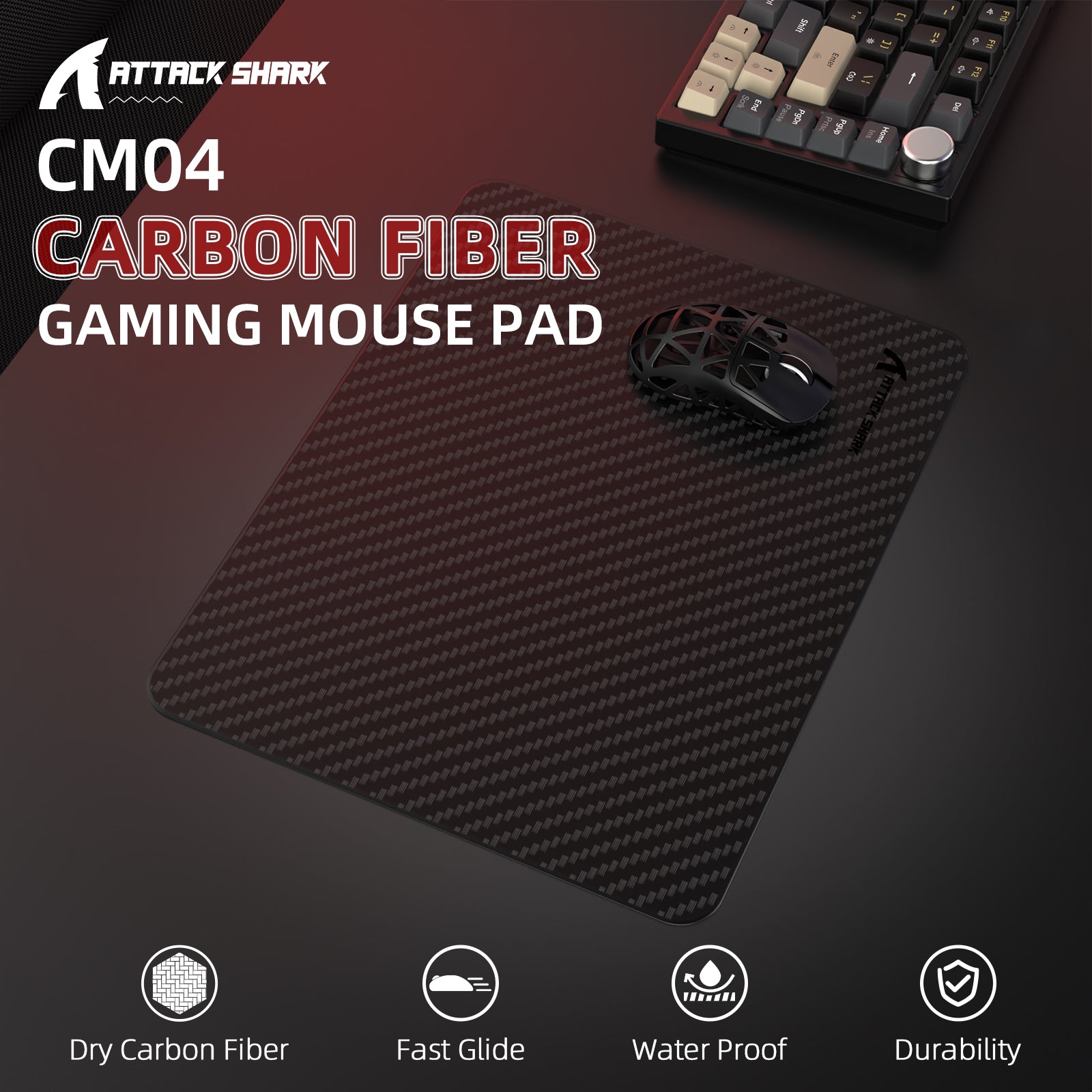 CM04 Carbon Fiber Gaming Mousepad in black with gaming mouse and keyboard