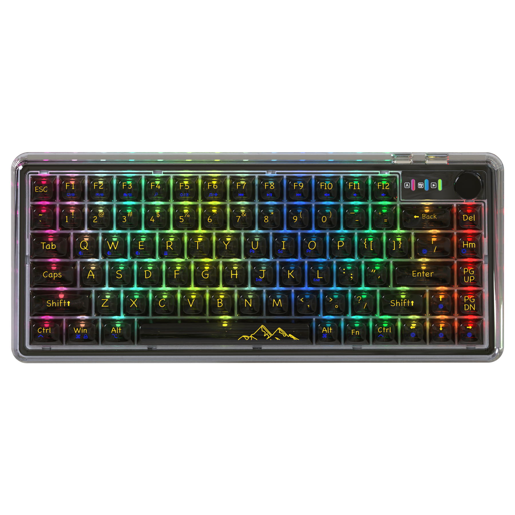 Transparent RGB mechanical keyboard with colorful backlit keys and knob control