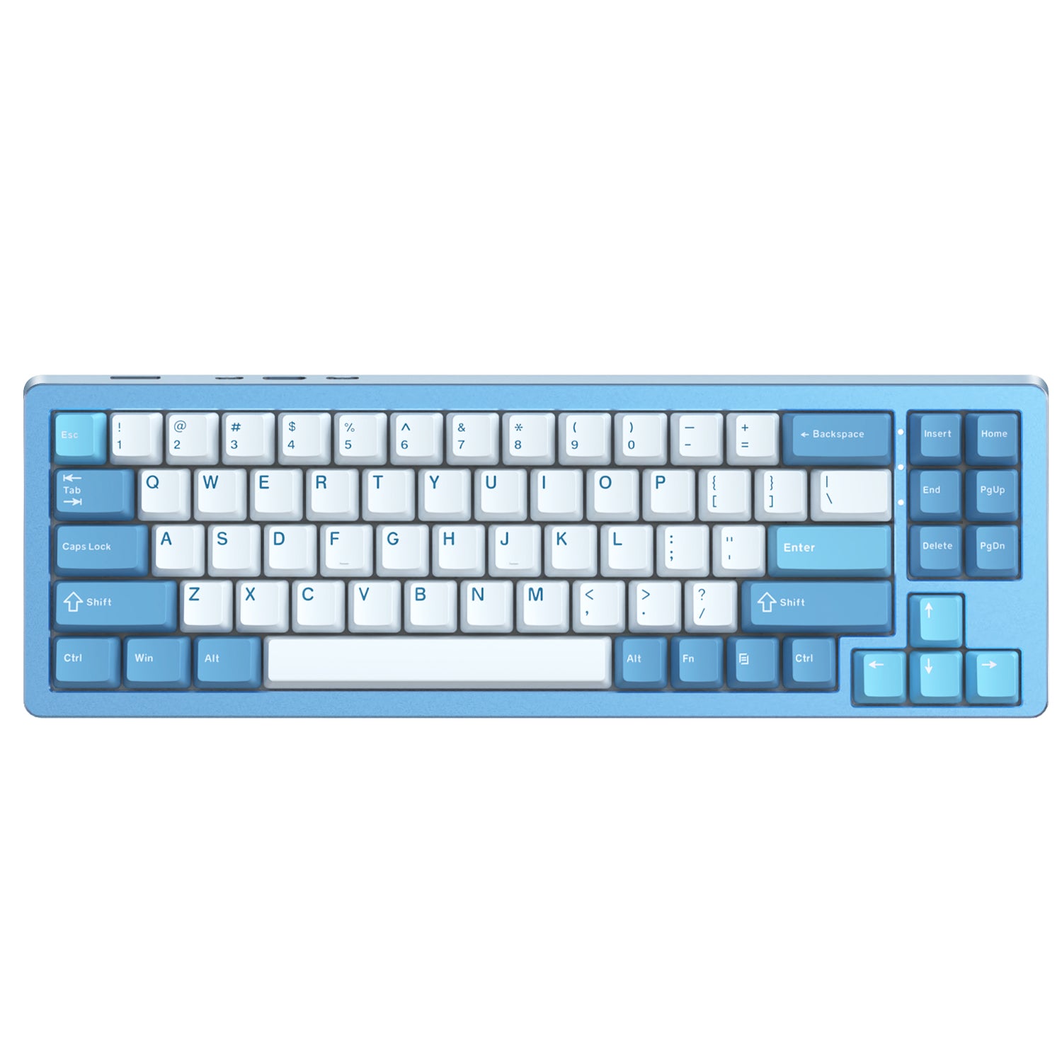 Sky blue and white RGB mechanical keyboard with PBT keycaps and compact layout.