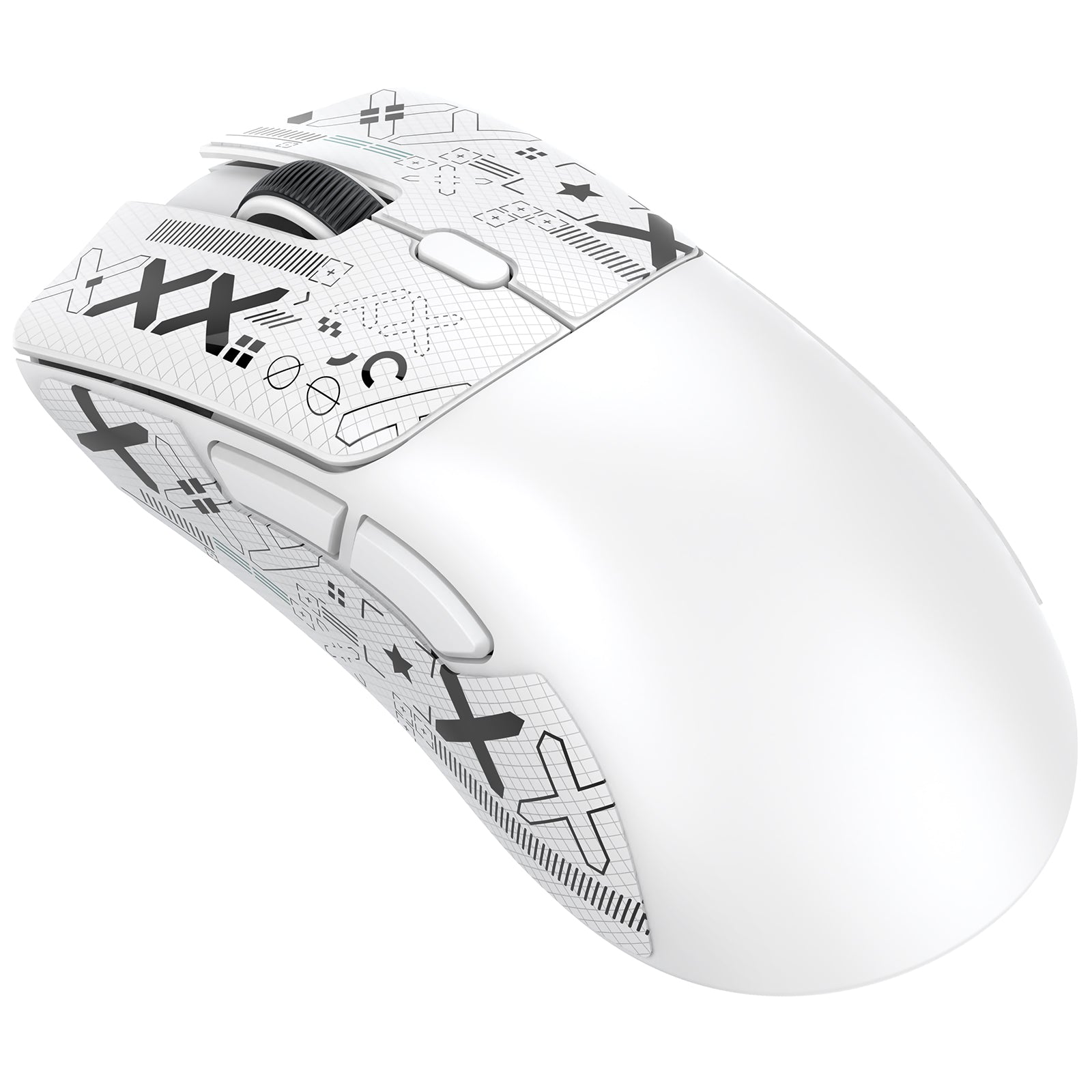 R1 Wireless Gaming Mouse in white with unique graphic design and ergonomic shape.